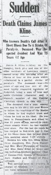 File:Obituary of James S Kline of Lawrence Co OH, ancestry-com.jpg