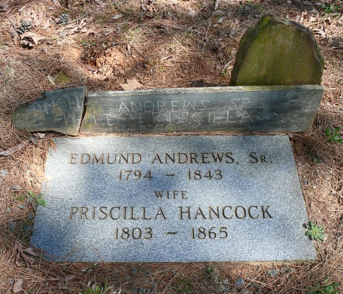 File:Gravestone Edmund Andrews Sr, wife Priscilla Hancock.jpg