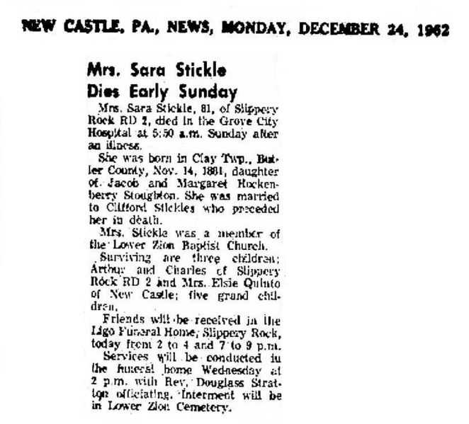 File:Sarah E. Stoughton Stickle Obit New Castle News Dec 24 1962.JPG