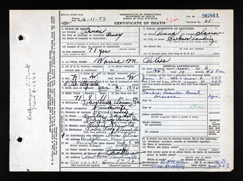 File:PA Death Certificate, Wavie M Peters 1947.jpg