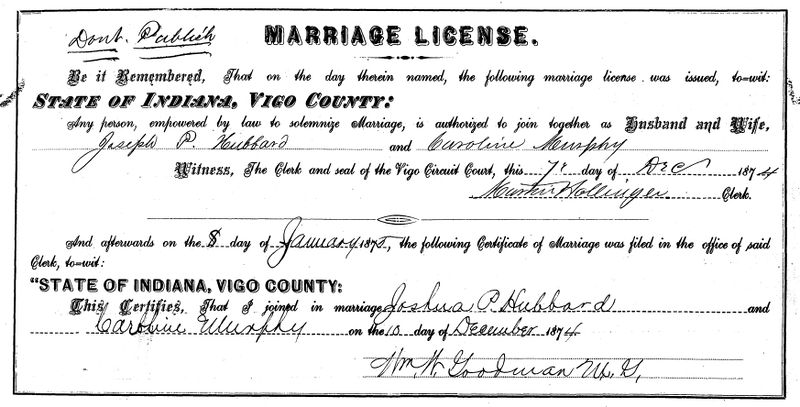 File:Marriage License Joseph P Hubbard Caroline Murphy.jpg